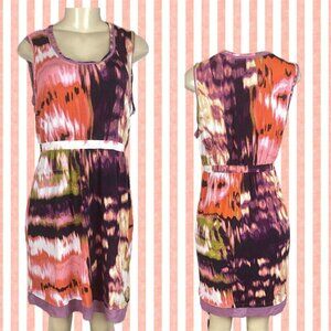 Simply Vera Wang L Purple-Coral Splash Scoop Neckline Mesh Trim Sleeveless Dress